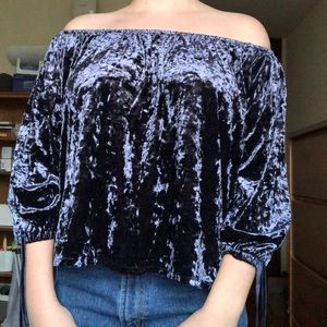 AEO Navy Crushed Velour Off-The-Shoulder Top